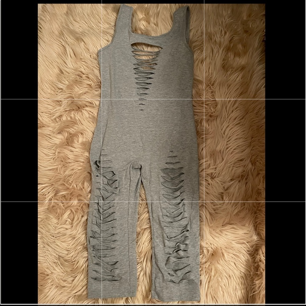 Ripped bodycon jumpsuit grey comes to the knee size medium new